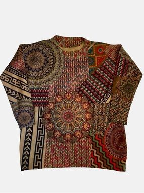 Multicolor Mandala Patchwork Crewneck Sweater - Women's
